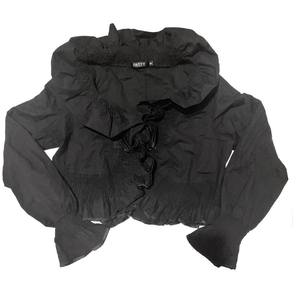 black ruffled high collared long sleeve blouse